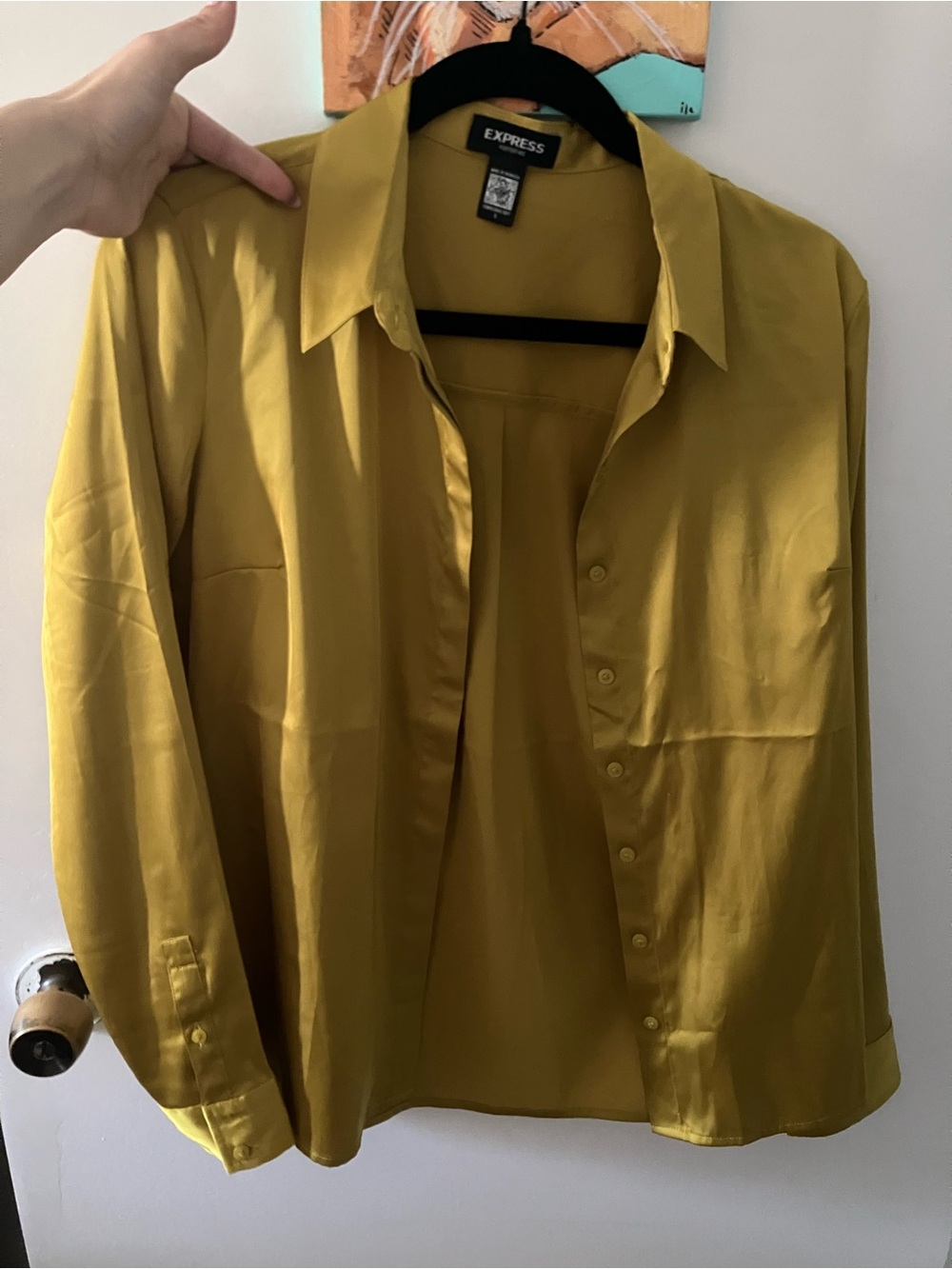 Express Satin-Look Button Front Blouse in Mustard Yellow